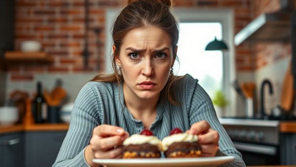 Frustrated woman grappling with food cravings in a kitchen