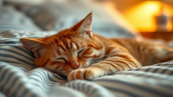 Peaceful ginger cat snoozing on striped sheets, photorealistic.