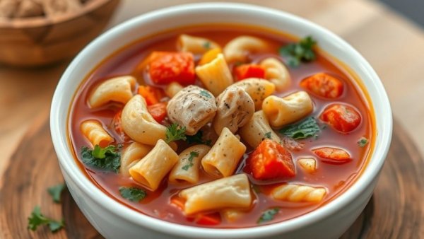 Bowl of immunity boosting chicken soup with vegetables and pasta