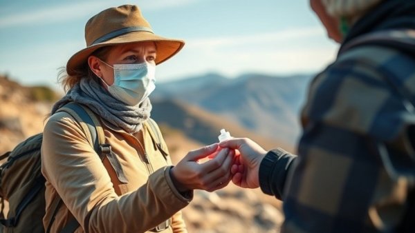 Mature female hiker in a mask in remote area receiving hand sanitizer.