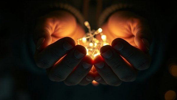 Hands holding string lights in darkness, symbolizing giving and hope.