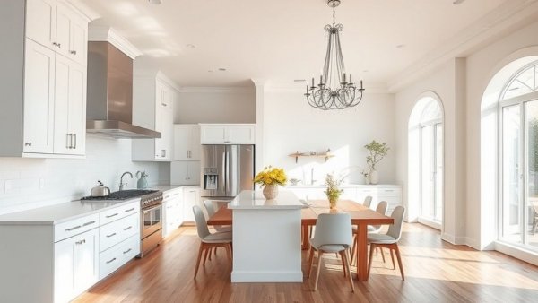 Modern kitchen in move-in ready homes with white cabinetry.