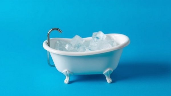 Miniature bathtub filled with ice against blue background, cold exposure health benefits.