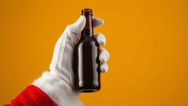 Santa arm holding bottle against yellow background symbolizes managing holiday drinking.