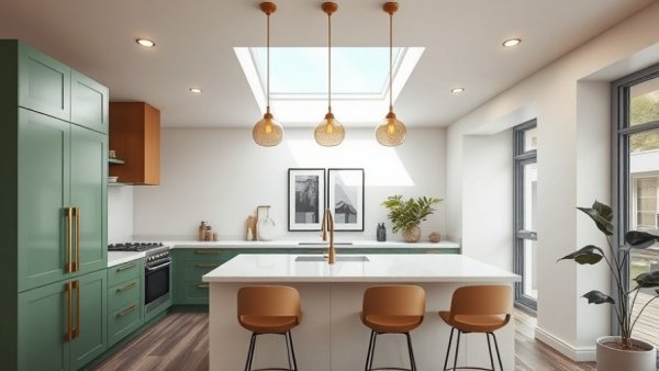 Contemporary kitchen interior with green cabinets and island, natural lighting.