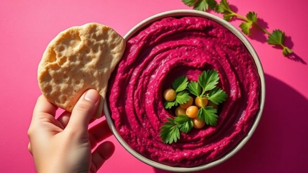 Vegan beet hummus and pita on pink background for Veganuary 2026.