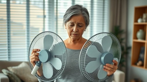 Woman using fan, highlighting not-so-common menopause symptoms at home.