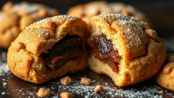 Delicious date-filled sugar cookies dusted with powdered sugar.