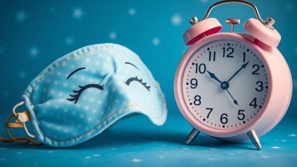 Colorful sleep masks and alarm clock on blue background illustrating sleep divorce benefits.