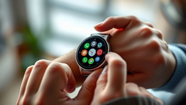 Close-up of hands adjusting smartwatch with apps displayed