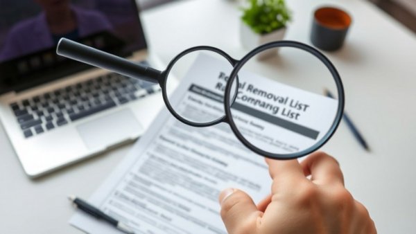 Inspecting removal company warning list with magnifying glass in office.