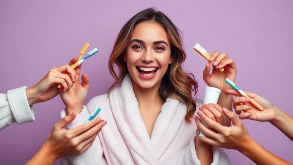 Playful oral care tips for travel scene with a cheerful woman.