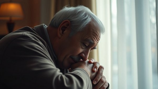 Older man contemplative with head in hands in soft light, indicating possible Alzheimer’s signs.