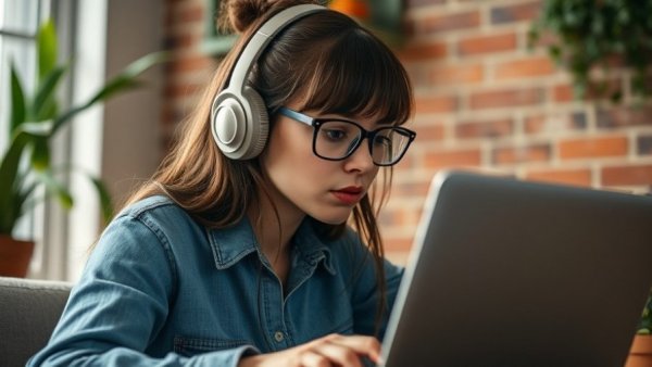 Focused young woman using a laptop with headphones in a cozy setting.