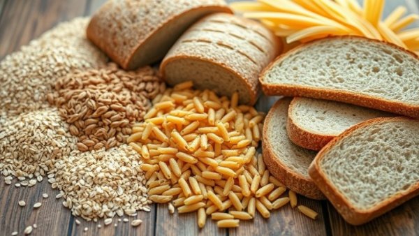 Assorted grains and whole foods on rustic table, natural light.