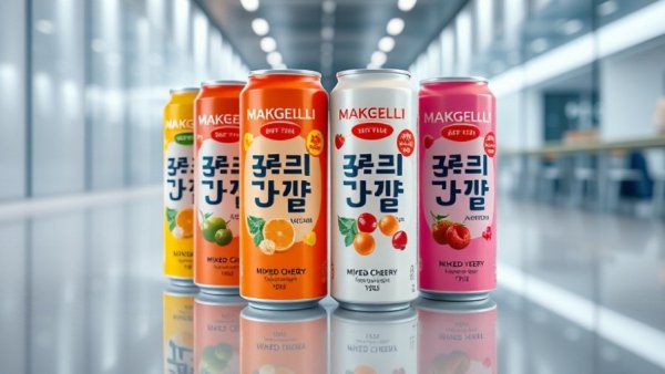 Colorful makgeolli seltzer cans with unique flavors on display.