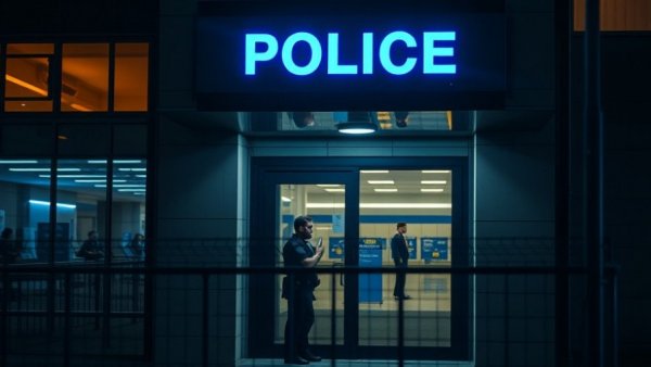 Police station scene at night in West Charlotte linked to juvenile death.
