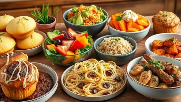 Colorful array of delicious high-protein recipes including salads and pasta.