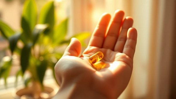 Hand holding vitamin D capsule in sunlight, illustrating supplements and magnesium connection.