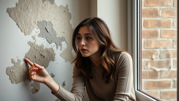 Concerned woman inspecting mold on wall, selling a house with mold.