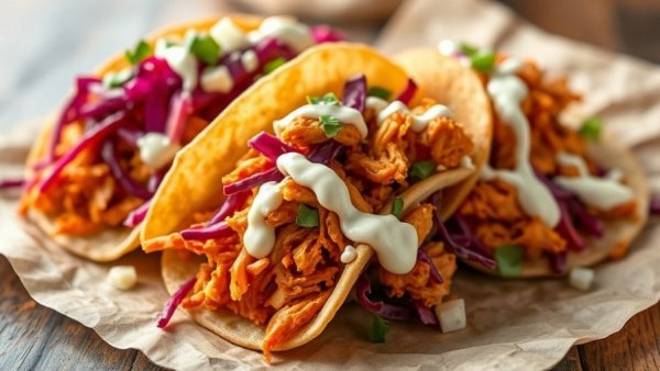 Sheet Pan Buffalo Chicken Tacos with vibrant toppings and creamy sauce