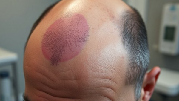 Close-up of scarring alopecia on mature scalp, showing thinning and texture.