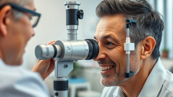 Early cataract care: Patient during eye exam in modern clinic.
