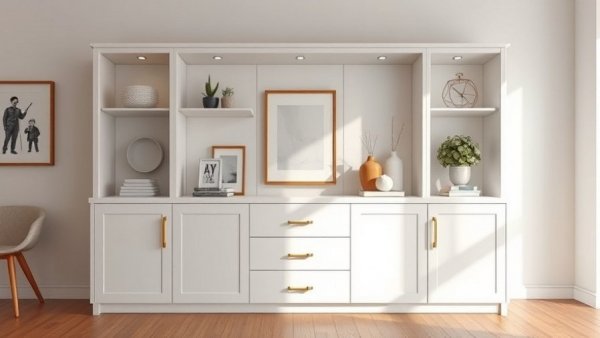 Sleek white cabinet with decor, peaceful home interior.