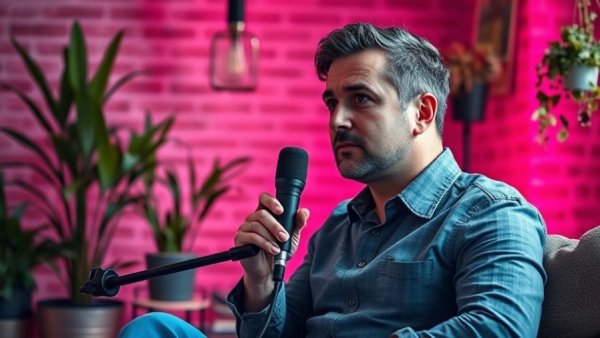 Dr Amir Khan discusses kindness in healthcare in a pink-lit studio.