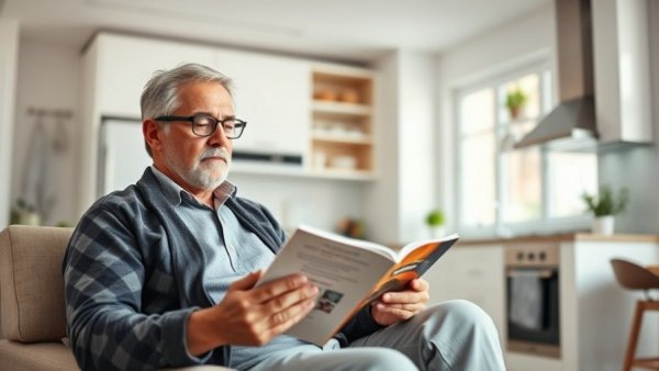 Middle-aged man reading in kitchen, related to Restless Legs Syndrome treatment.