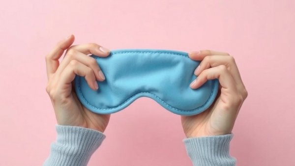 Bright blue sleep mask held by hands on a pastel pink background for better sleep and diabetes management.