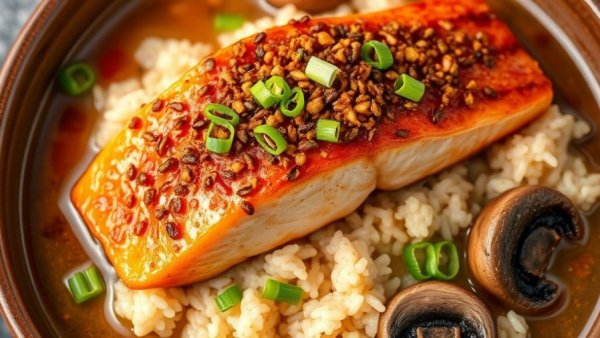 Chili Crunch Salmon with Creamy Coconut Brothy Rice, sesame seeds and green onions