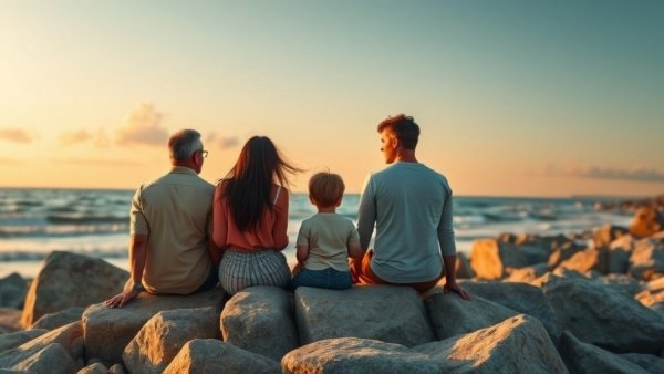 Family relaxing on rocks by the ocean, budget-friendly family vacation.