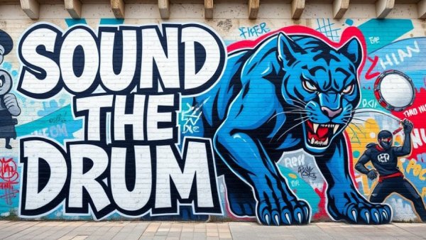 Vibrant Charlotte Panthers mural with 'Sound The Drum' text.
