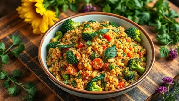 Crockpot Quinoa Chicken Primavera dish on rustic table.
