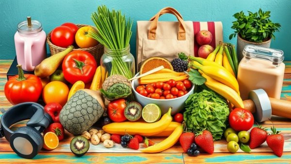 Vibrant display of foods and fitness gear for daily habits for healthy weight loss.