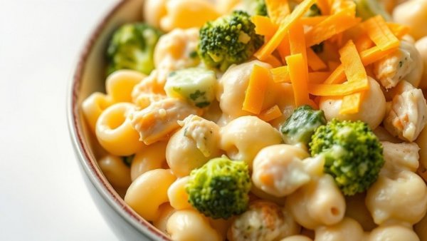 Chicken broccoli cottage cheese mac and cheese in a bowl with spoon.