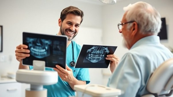 Dentist explaining x-ray to older man, gum disease discussion.