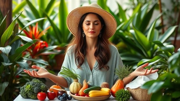 Mindful eating with fresh whole foods, meditative calm setting.