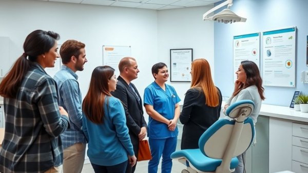 People choosing a dental service provider at clinic reception.