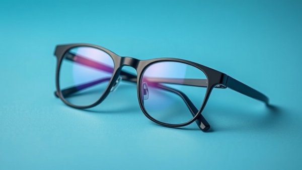 Sleek black eyeglasses for long-term eye health plan on blue surface.