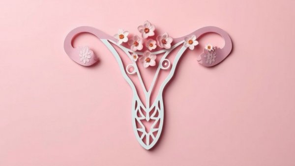 Colorful paper cutout uterus with flowers on pastel pink background.
