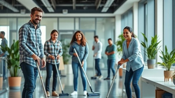 Team cleaning an office, illustrating house cleaning tips for new homeowners.