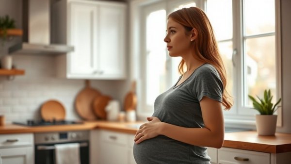 Pregnant woman looking out window in kitchen, considering pregnancy and rubella.
