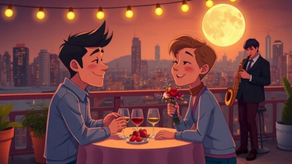 Animated rooftop dinner with saxophonist and couple under moonlight