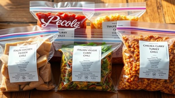Four diverse high-protein freezer meals in labeled bags on wood.