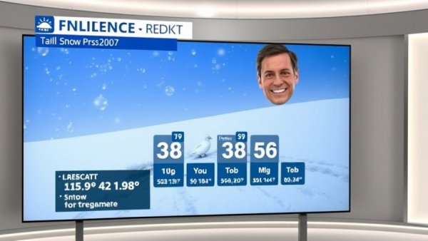 Weather presenter explains snow forecast details in studio.