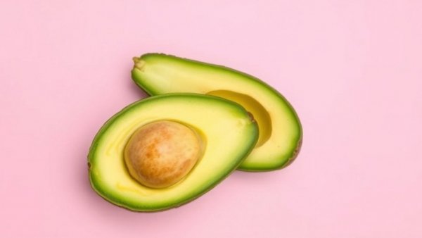 Avocado and oil on pink background illustrating benefits of vitamin E.