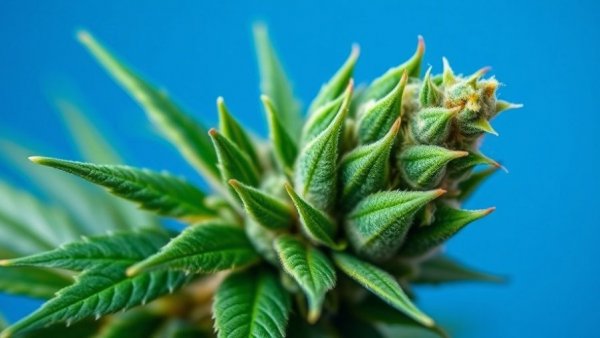 Cannabis buds on a vibrant blue background, linked to scromiting cannabis side effect.