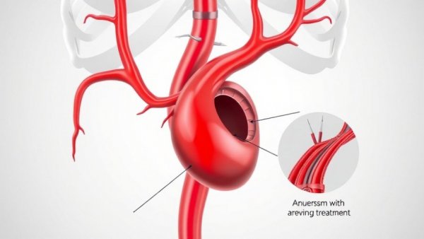 Medical illustration of aortic aneurysm treatment, arteries highlighted